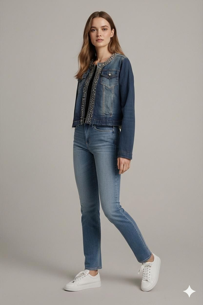 Women's Embellished Denim Jacket with Decorative Studs