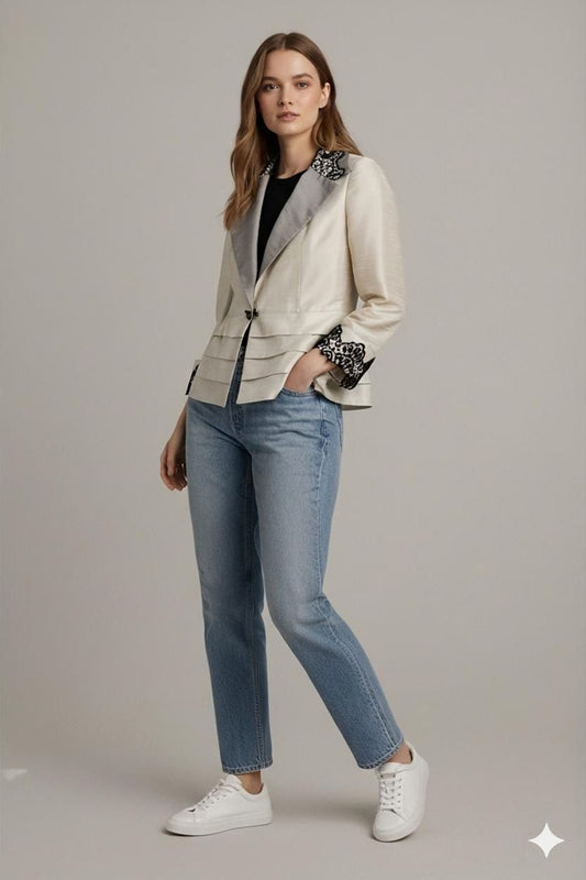 Sonia Peña Elegant Cream Silk Blazer with Black Lace Trim - Size 42