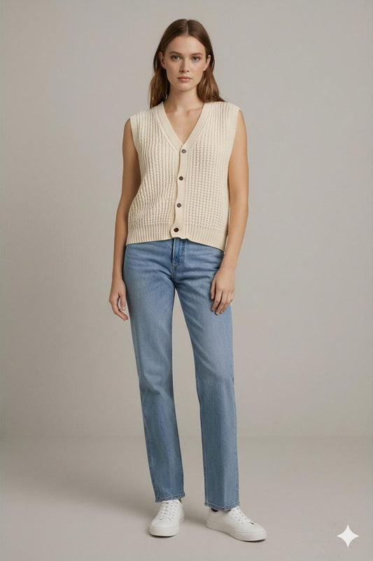 Michele-Claire Cream Knit Sleeveless Sweater - Size M