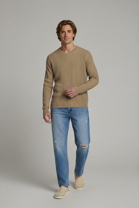 GAS Beige Ribbed V-neck Sweater - Size M