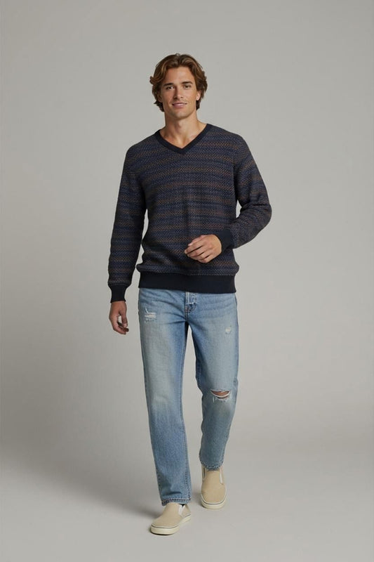 Thomas Lloyd Patterned Wool Blend Sweater - Size 48 - Grey/Navy