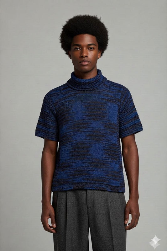 Handmade Blue Striped Knit Sweater - Short Sleeve Crew Neck
