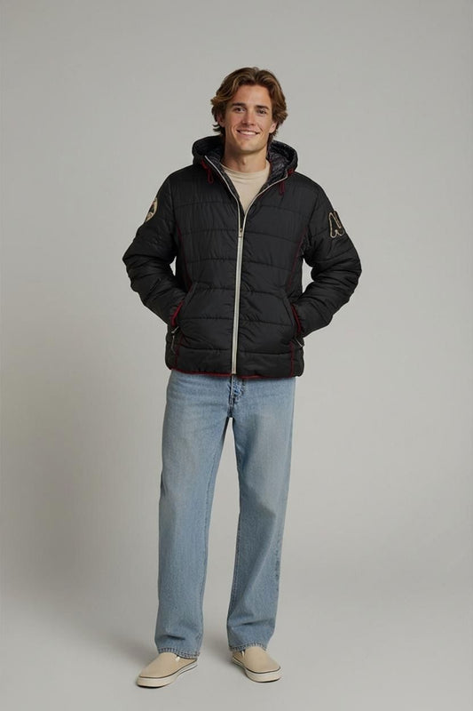 Armani Jeans Black Quilted Parka Jacket with Plaid Lining