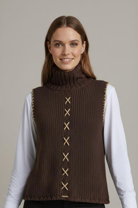 Bernard Collection Brown Wool Turtleneck Sweater Vest - Size M
