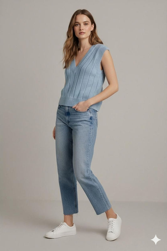 Light Blue Knitted V-Neck Sweater Vest - Handmade