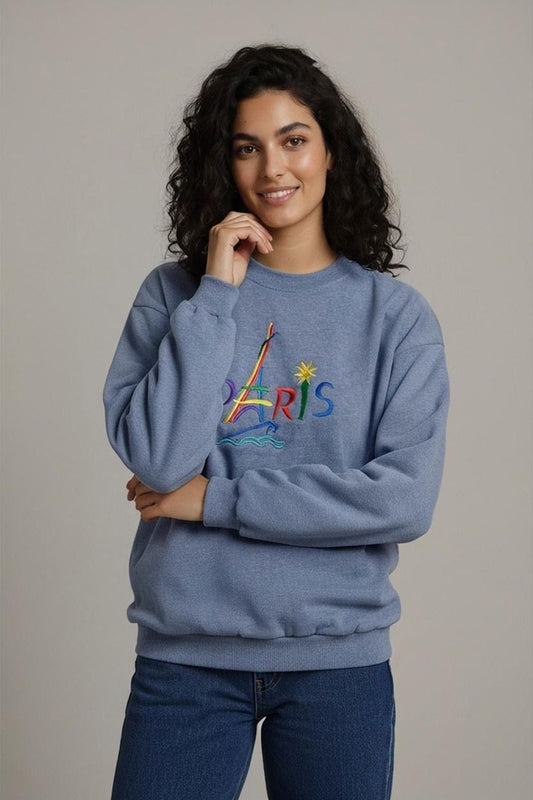 Vintage Energy Paris Blue Sweatshirt with Colorful Embroidery - Size L