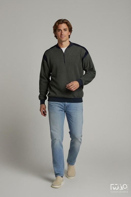 Ireland Exclusive Waldbusch Men's Green Wool Sweater with Navy Trim