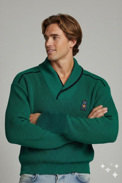 Feigler Green Knit Sweater with Embroidered Crest