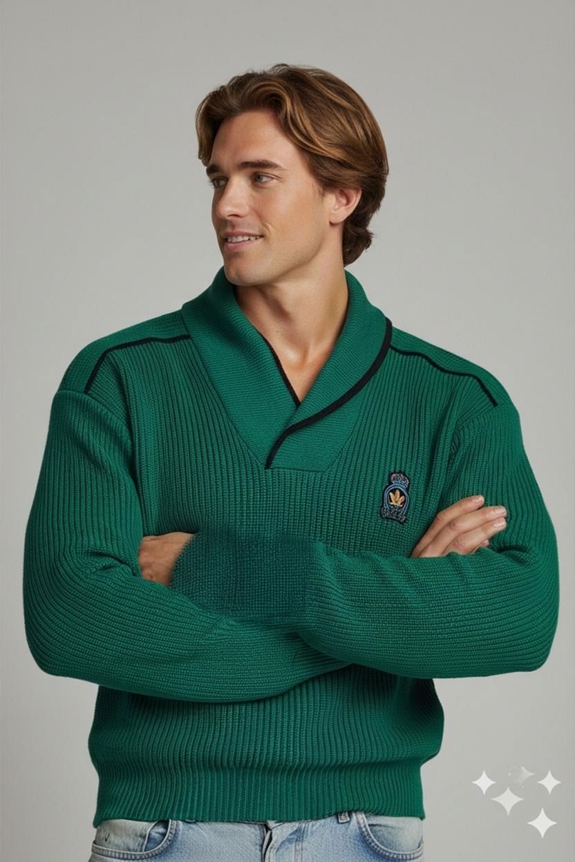Feigler Green Knit Sweater with Embroidered Crest