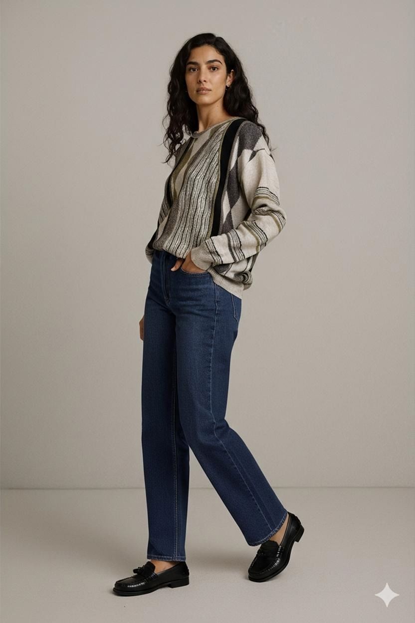 Patterned Crew Neck Sweater with Diamond Design