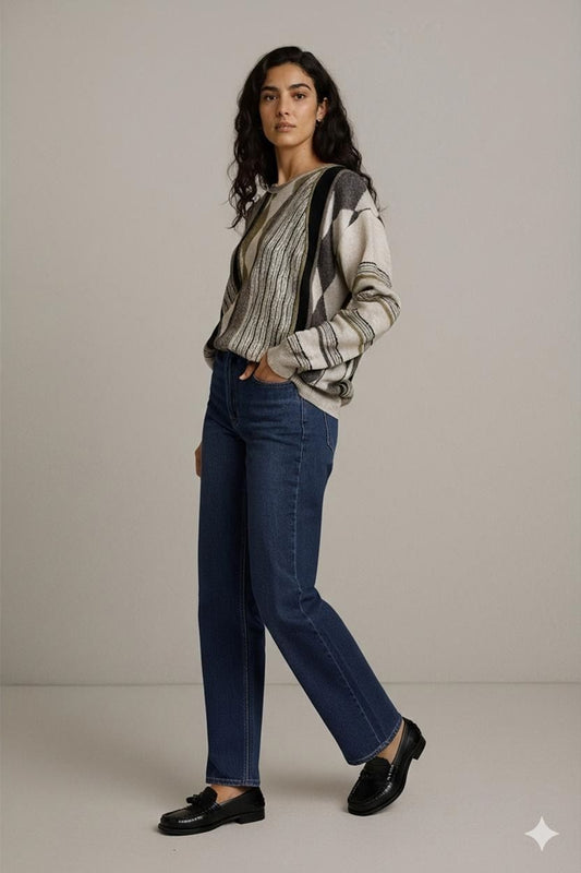 Patterned Crew Neck Sweater with Diamond Design