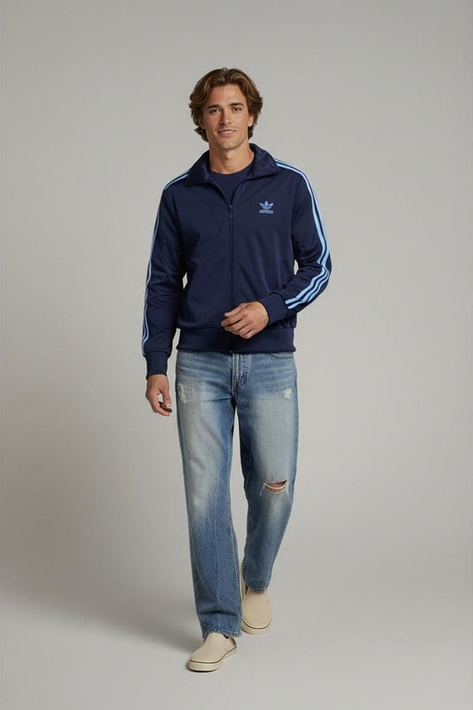 Adidas Navy Blue Track Jacket with Three Stripes - Size 40