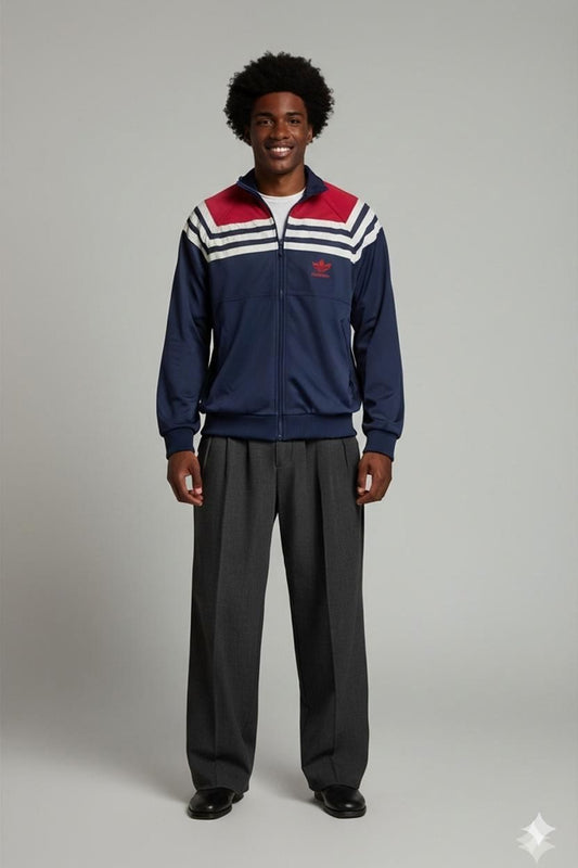 Adidas Vintage Track Jacket - Navy with Red and White Stripes - Size 170