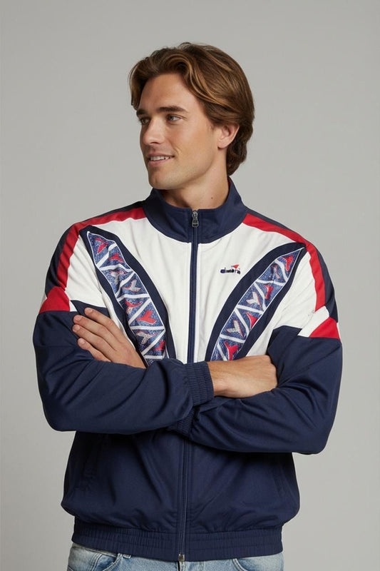 Vintage Diadora Track Jacket - Navy, Red & White Pattern