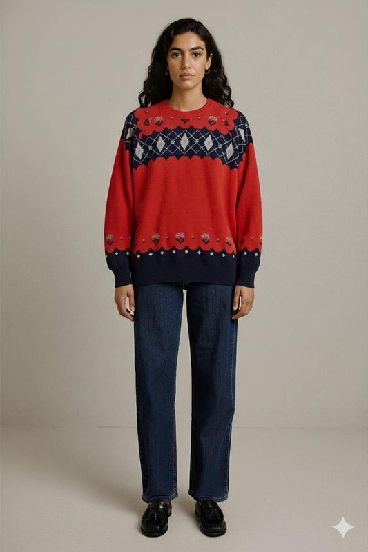 PREMODE Red & Navy Patterned Knit Sweater - Fair Isle Style