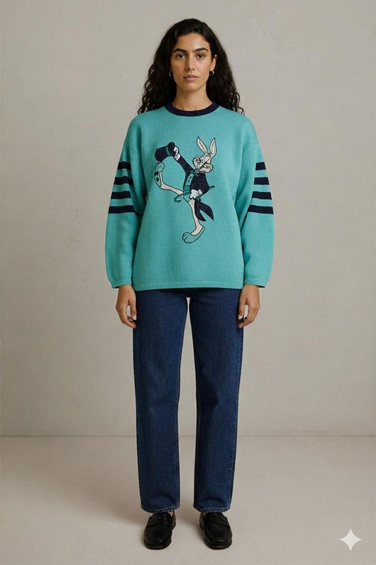 Turquoise Looney Tunes Bugs Bunny Knit Sweater