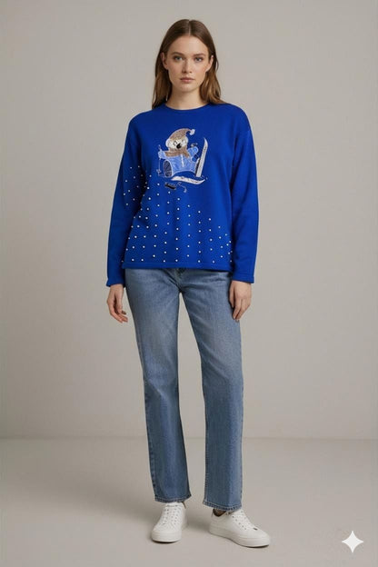 La Perla Blue Embroidered T-shirt with Rhinestone Detail