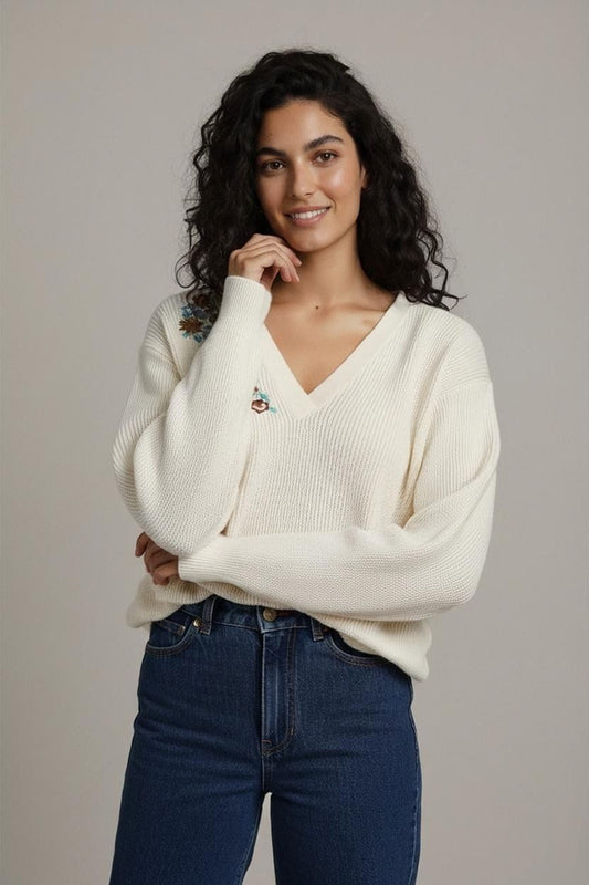 Cream Knit Sweater with Floral Embroidery Detail - V-Neck