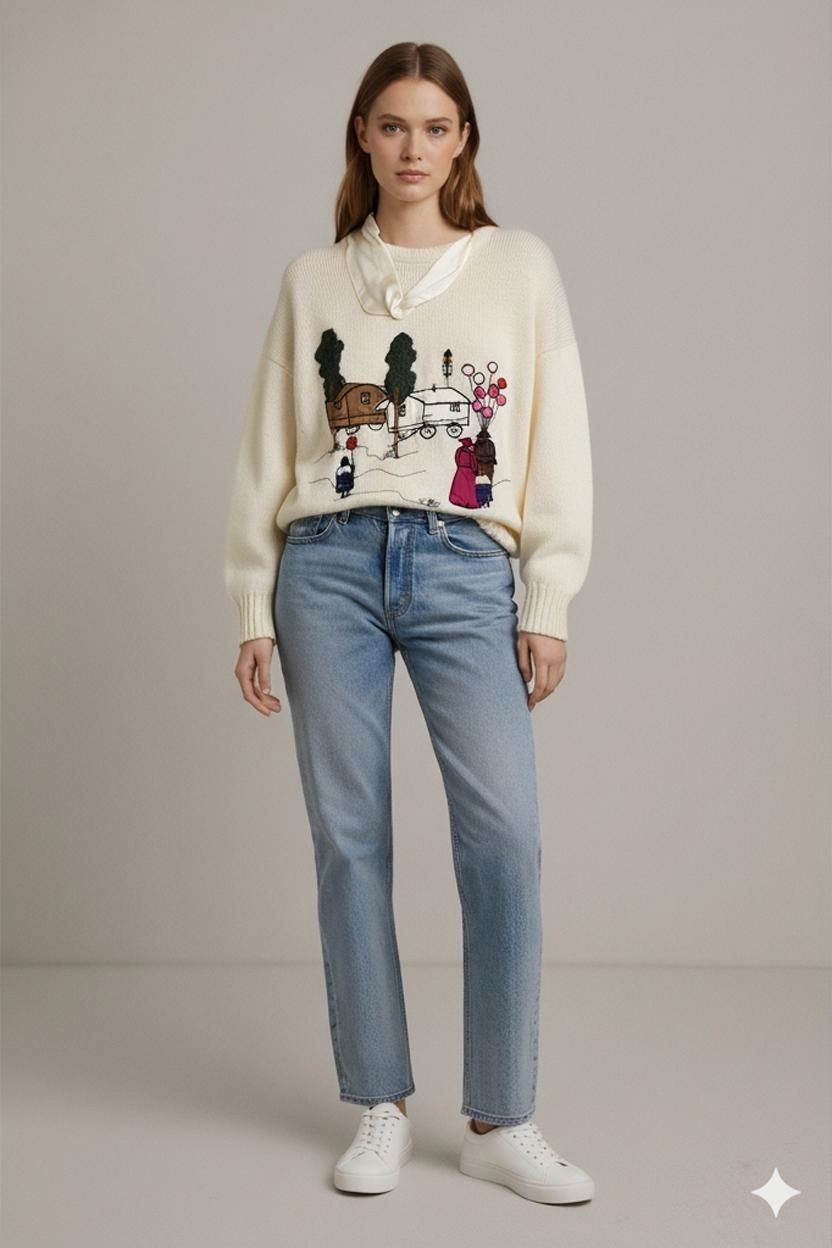 Maurice Athor Cream Embroidered Folk Scene Sweater - Vintage