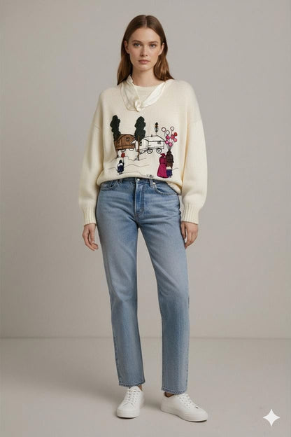 Maurice Athor Cream Embroidered Folk Scene Sweater - Vintage