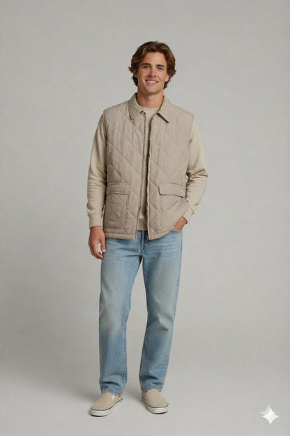 Drawing Cottona Beige Quilted Jacket - Men's Collection