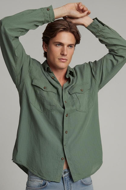 American Retro Green Button-Down Shirt - Casual Cotton Long Sleeve