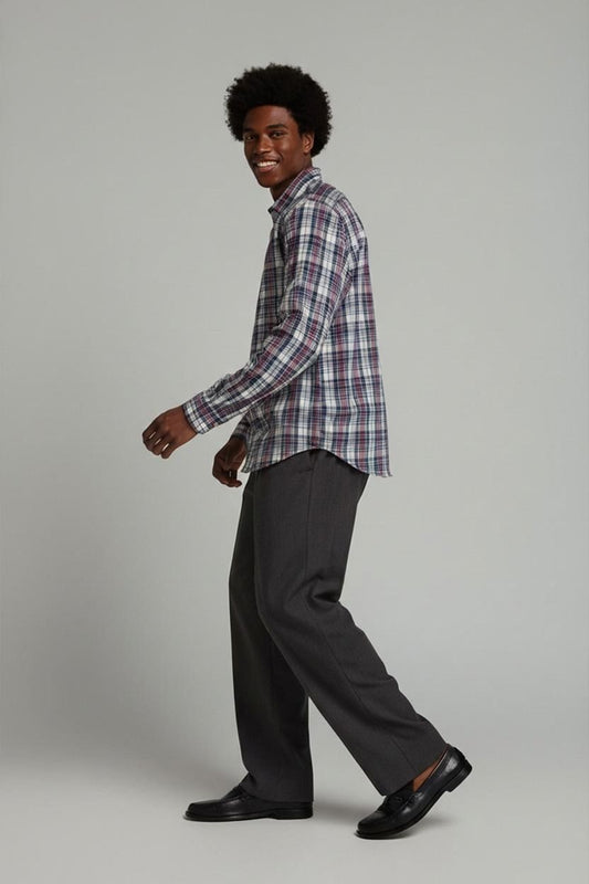 Classic Plaid Button-Down Shirt - Navy, Red and White Check Pattern
