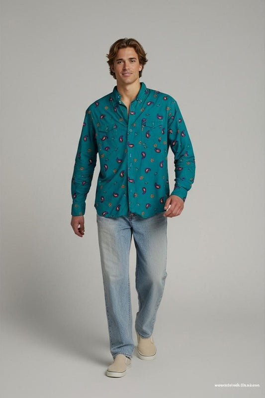 Wrangler Teal Paisley Button-Down Shirt - Size 17½-35