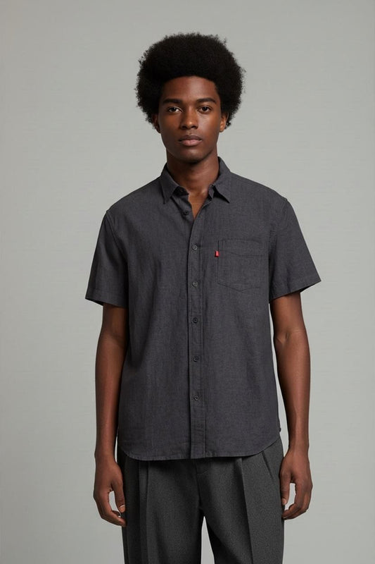 Men's Navy Denim Short Sleeve Button-Down Shirt