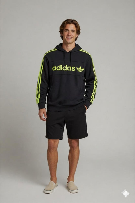 Adidas Black Hoodie with Neon Yellow Stripes - Size XS