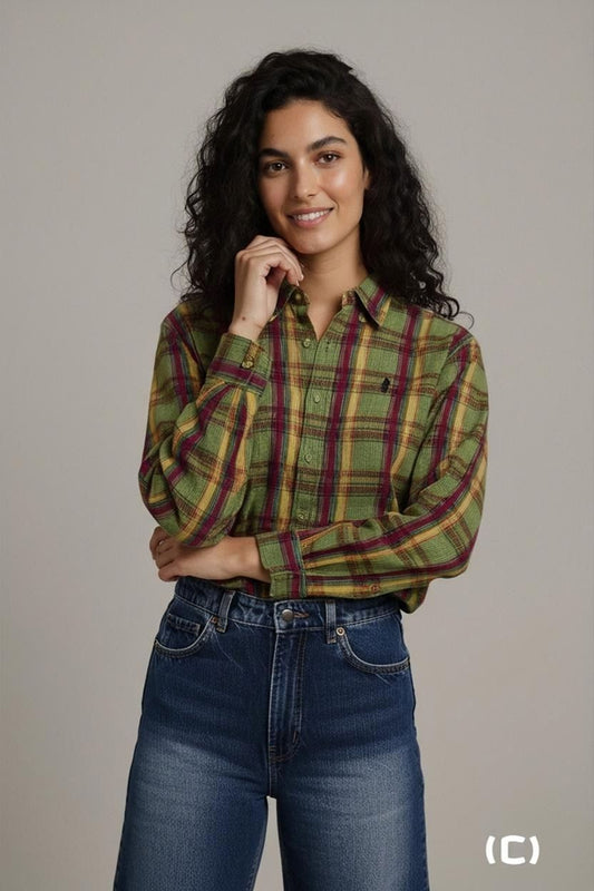 Vintage Green Plaid Button-Down Shirt - Long Sleeve