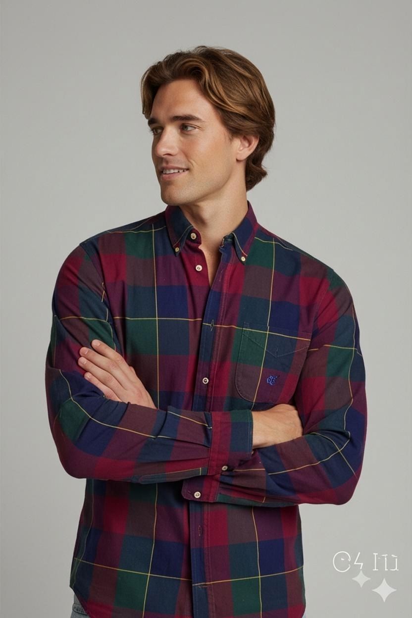 Plaid Button-Down Shirt in Red, Navy & Green