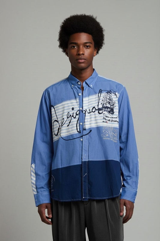 Desigual Blue Patchwork Button-Down Shirt - Size Slim