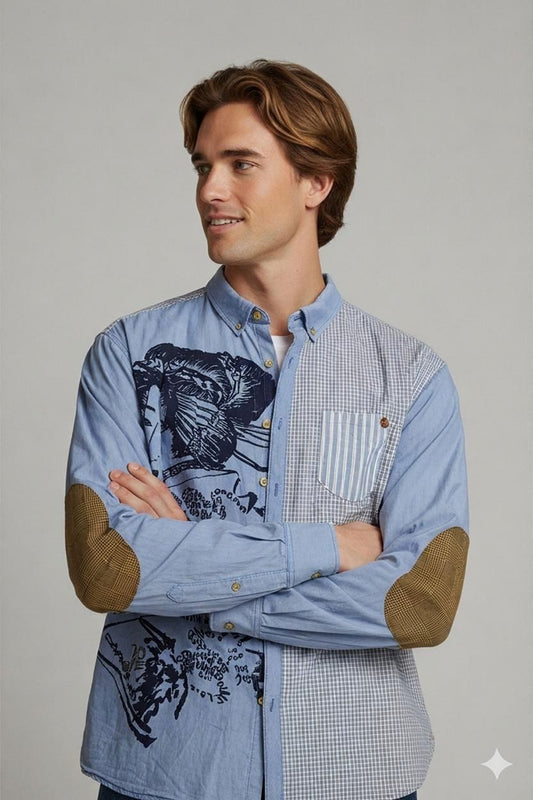 Desigual Blue Button-Down Shirt with Graphic Print - Size Regular