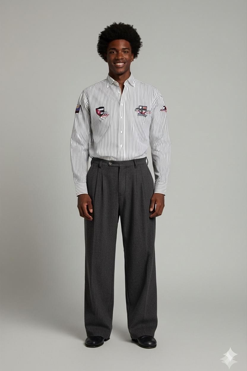 Men's Striped Button-Down Shirt with Flag Emblems
