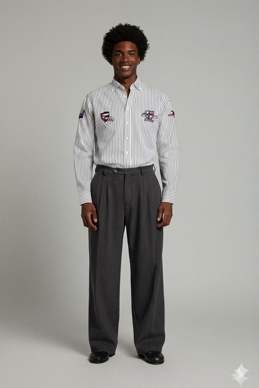 Men's Striped Button-Down Shirt with Flag Emblems