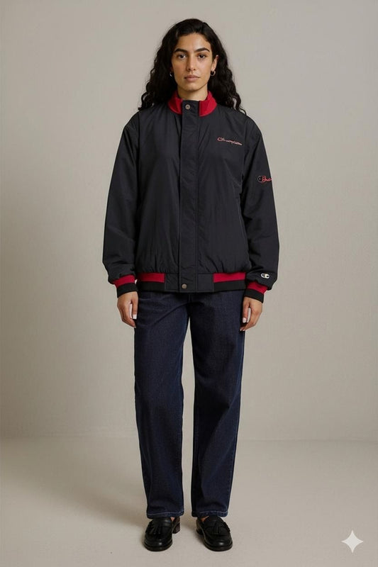 Champion Windbreaker Jacket - Black with Red Accents - Size L