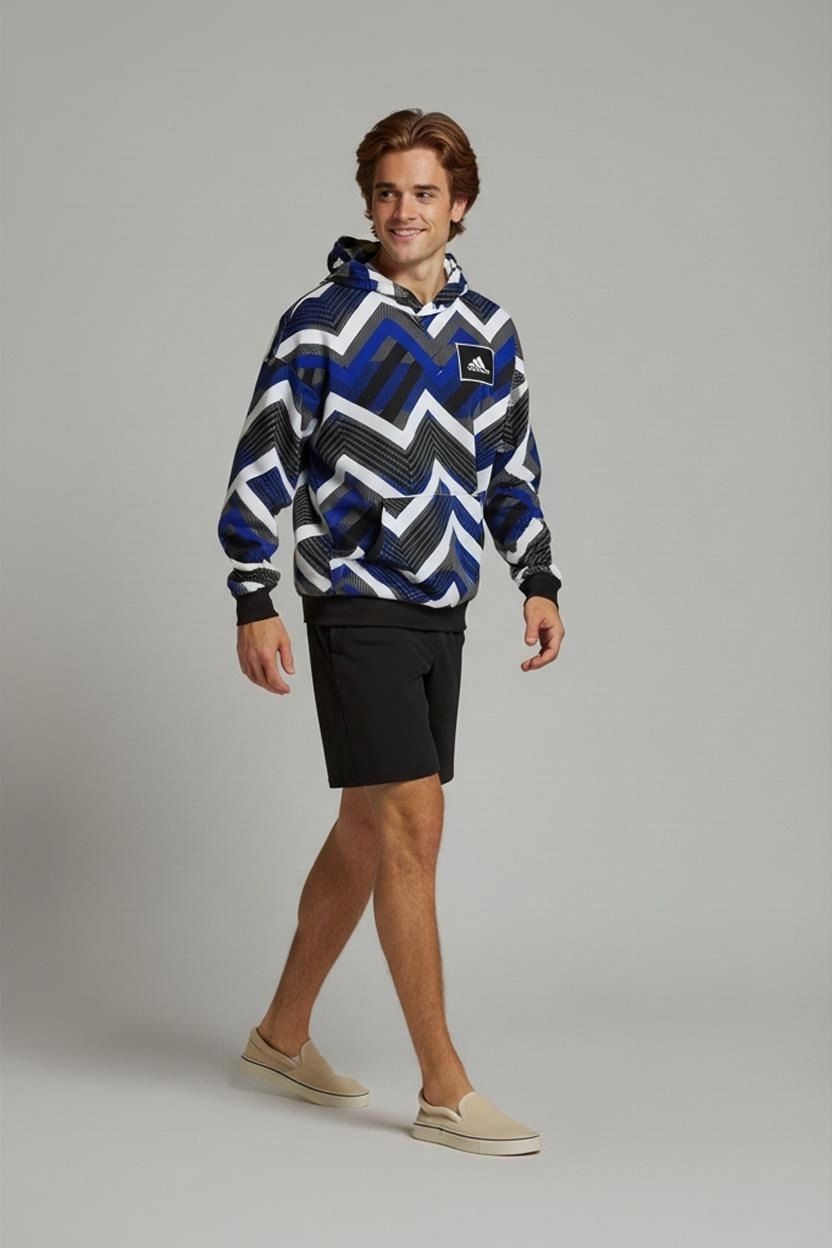 Adidas Chevron Pattern Hoodie - Blue/Black/White - Size M