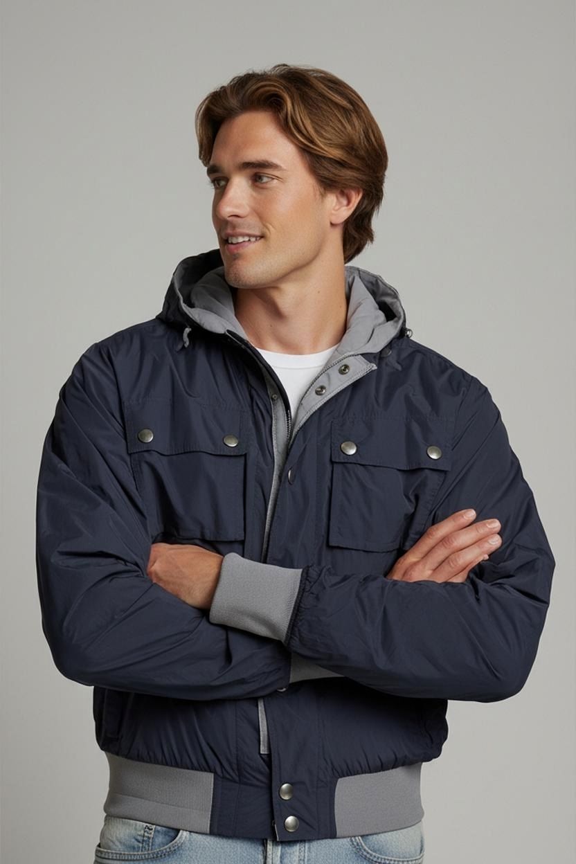 Fay Navy Blue Parka Jacket with Grey Trim - Size L