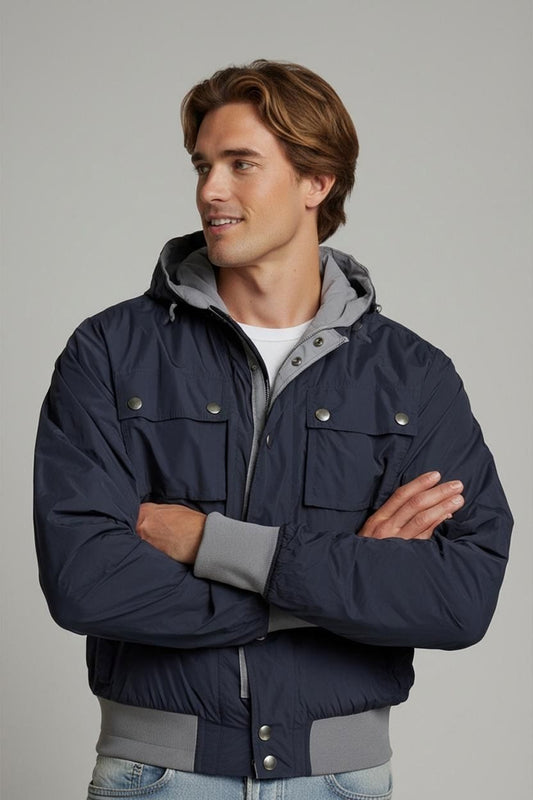 Fay Navy Blue Parka Jacket with Grey Trim - Size L