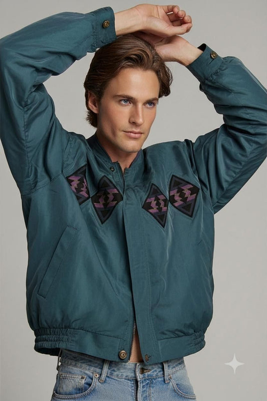 Commander Navy Blue Bomber Jacket with Geometric Embroidery - Size 48