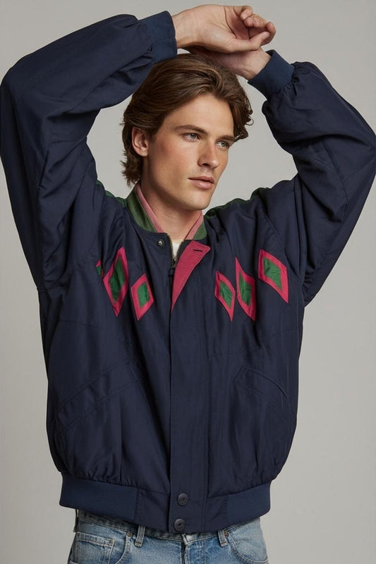 Vintage XXL Bomber Jacket with Diamond Pattern - Navy with Green & Pink Accents
