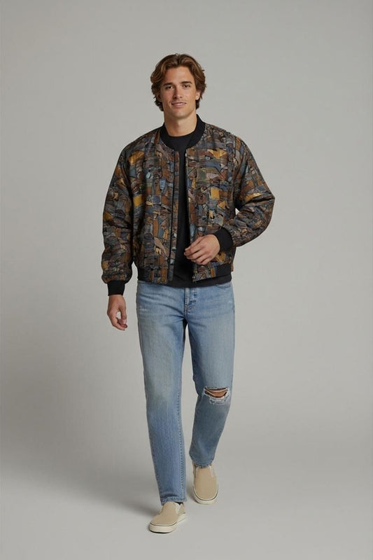 Vintage Royalty Abstract Pattern Bomber Jacket - Multi-Colored