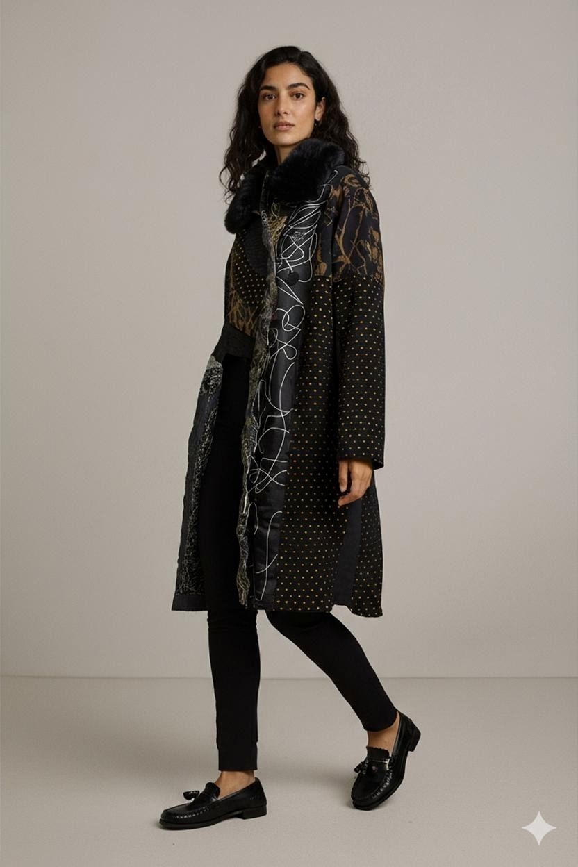 Desigual Patchwork Coat with Fur Collar - Size 38