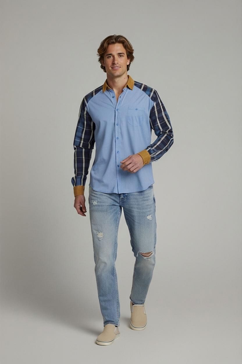 Desigual Blue Button-Down Shirt with Plaid Sleeves - Men's Regular