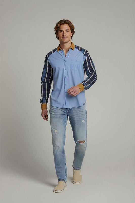 Desigual Blue Button-Down Shirt with Plaid Sleeves - Men's Regular