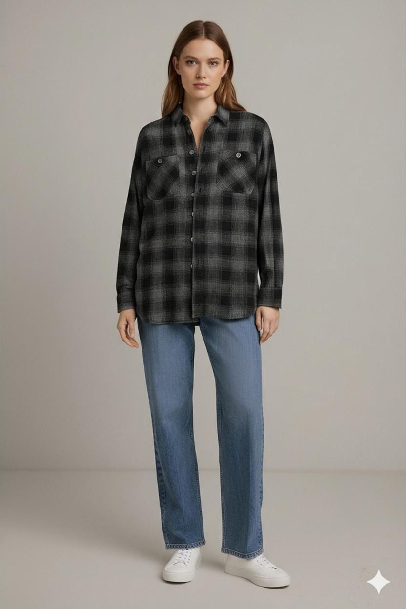 Fish Bone Black & Grey Plaid Flannel Button-Down Shirt