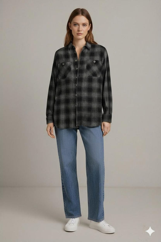 Fish Bone Black & Grey Plaid Flannel Button-Down Shirt