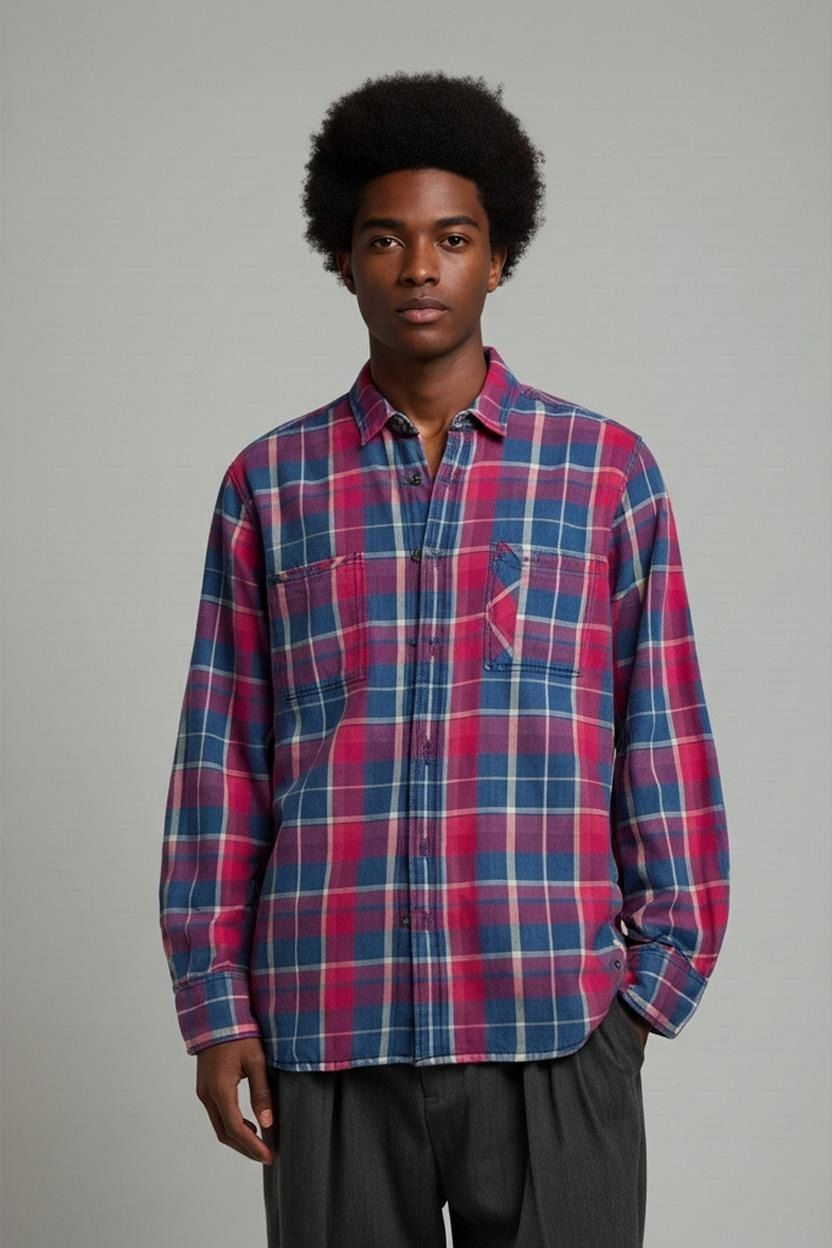 Plaid Button-Down Shirt - Red & Blue Check Pattern