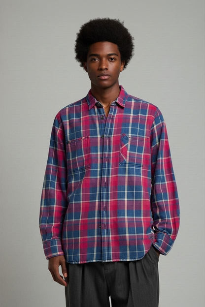 Plaid Button-Down Shirt - Red & Blue Check Pattern